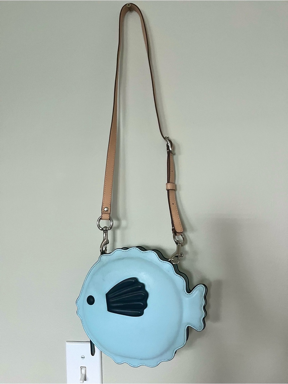 Adorable Kate Spade Light Blue Fish Crossbody Bag with Tan Strap